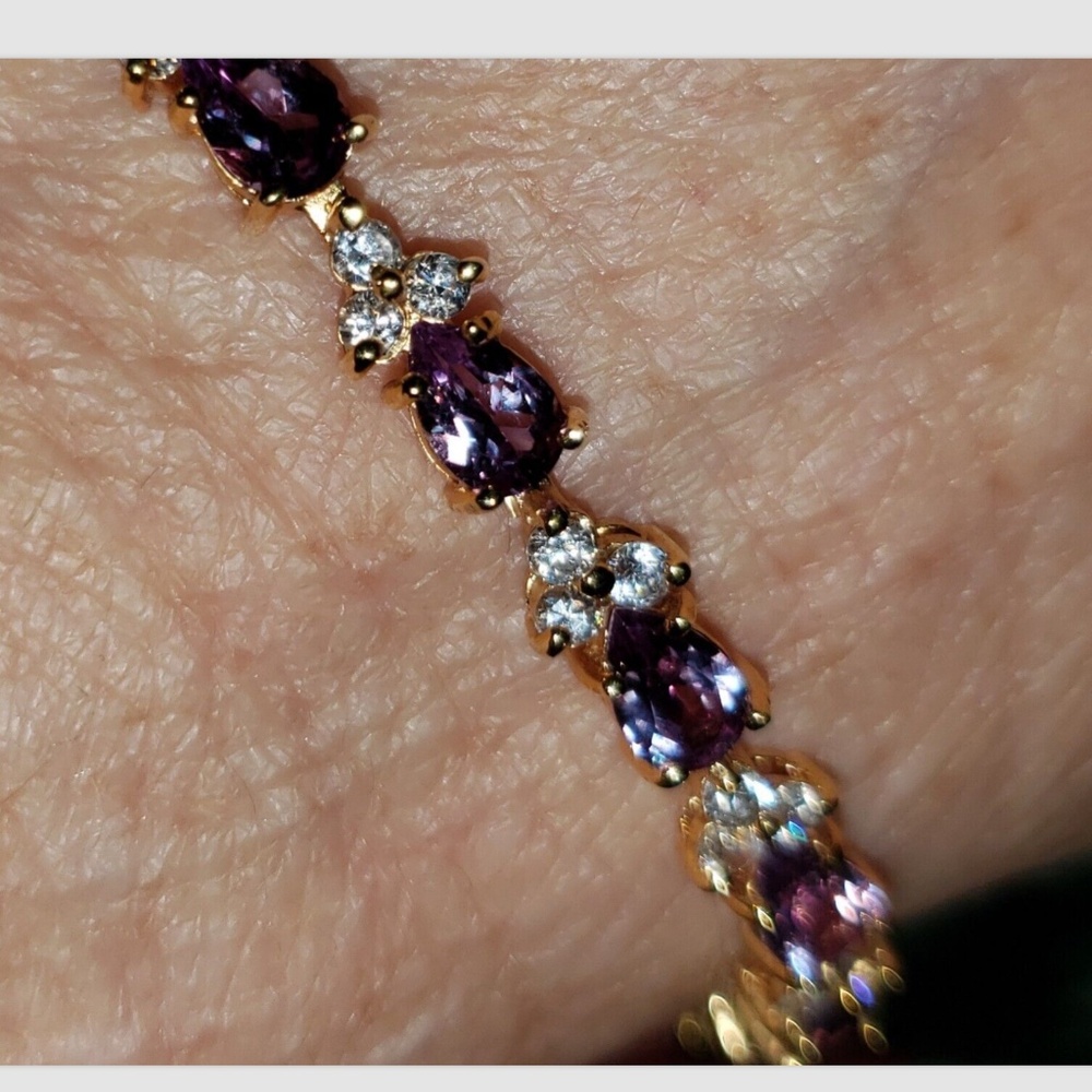 DBJ Amethyst or Purple Stone & CZ Gold Plated Sterling Silver Bracelet 7”